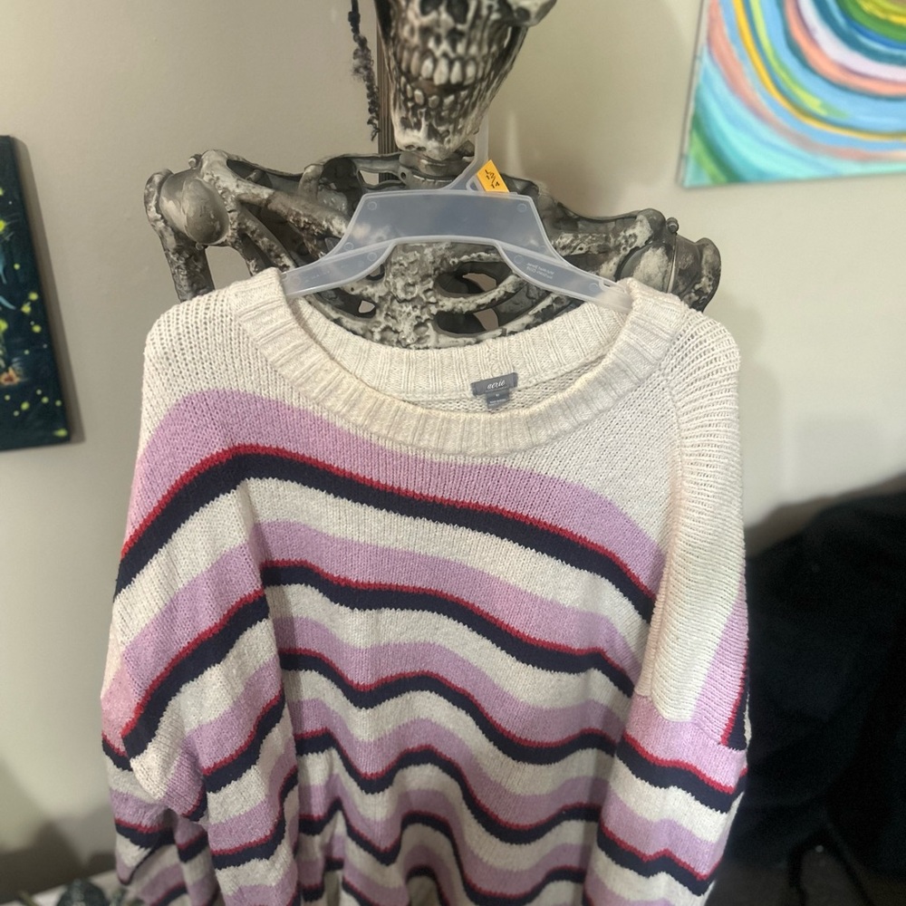 Aerie Crew Neck Sweater in Pink and Cream with Wavy Stripes